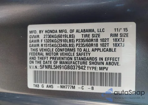 2016 Honda Odyssey Touring/Touring Elite from USA, damaged, VIN 5FNRL5H91GB037942